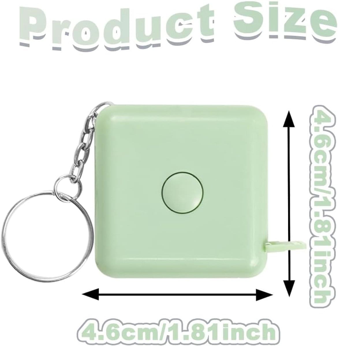 Green extendable tape measure keychain case with retractable tape and size marker.