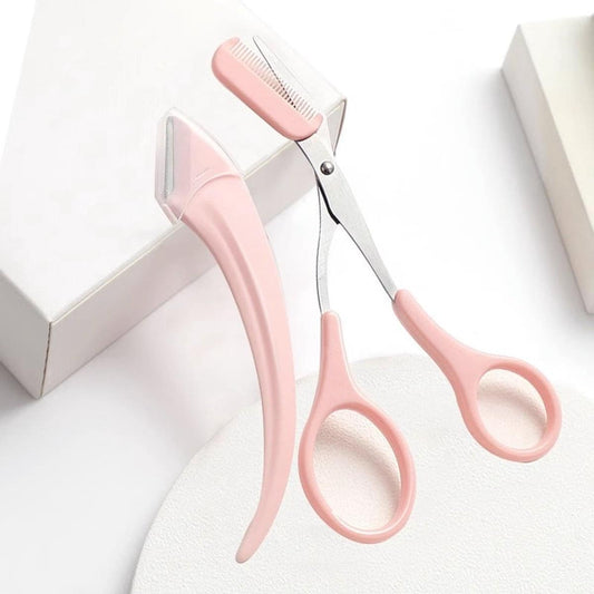 Pink eyebrow trimmer scissors and safety razor with protective guard