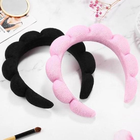 Soft plush face-washing headband set: black and pink padded loops