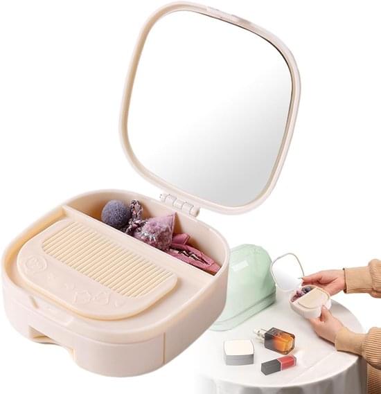 Cream foldable makeup mirror with open storage compartment and detachable protective cover