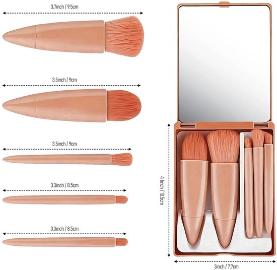 5-Piece Mini Makeup Brush Set with Mirror – Compact Travel Makeup Brushes for Foundation, Powder, Blush & Eyeshadow (Pink)