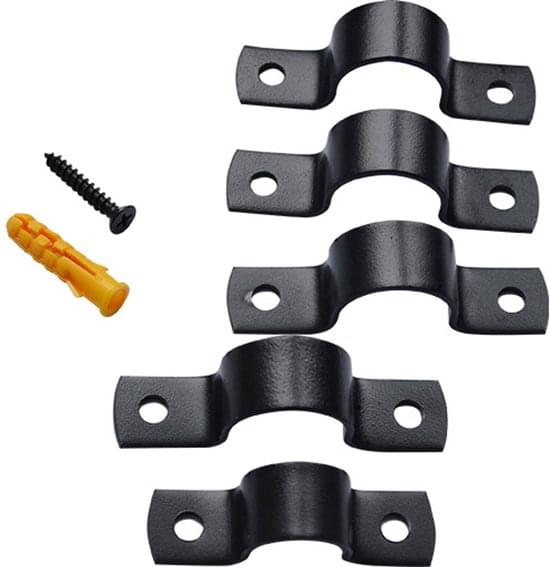 Black U-shaped metal brackets with mounting holes and included screws