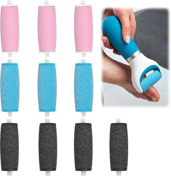 Foot roller refills set with pink, blue, and dark gray abrasive rollers