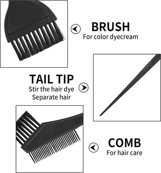 Black hair dye brush and comb applicator set with tail-tip handle