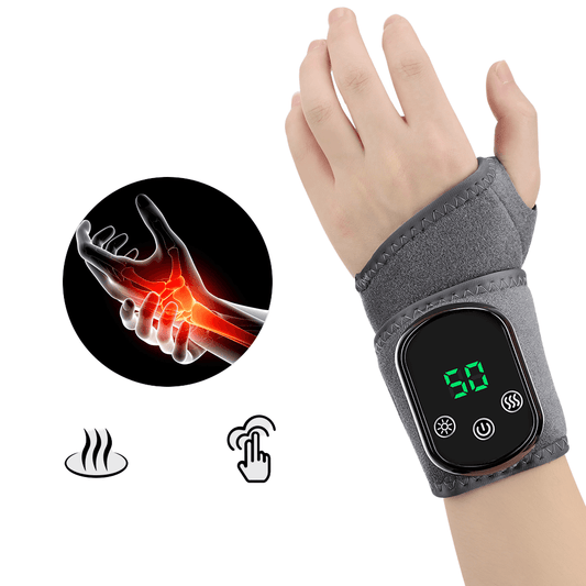 Gray heated wristband on wrist, digital controller with green 3
