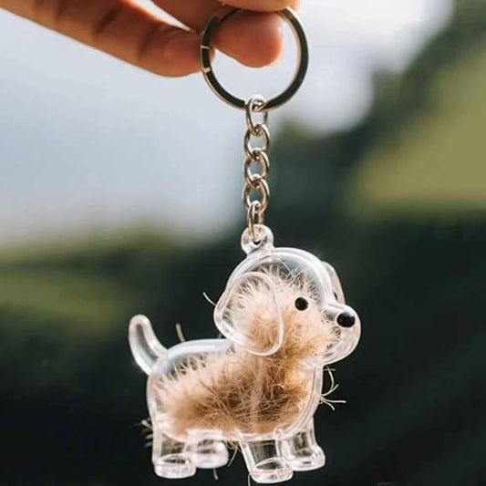 Dog memory capsule keychain pendant with metal chain and clear dog charm, light brown fur