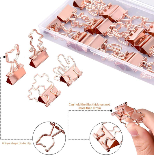Rose gold binder clip set with assorted ring shapes, loose in open tray