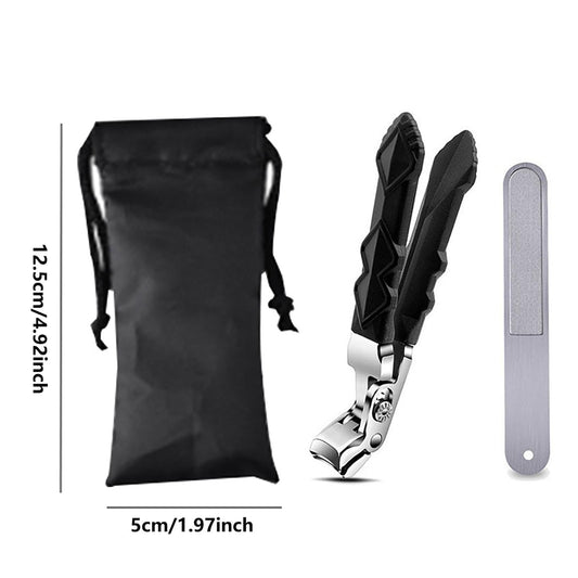 Toenail clippers with long angled head, stainless blades, nail file, and storage pouch
