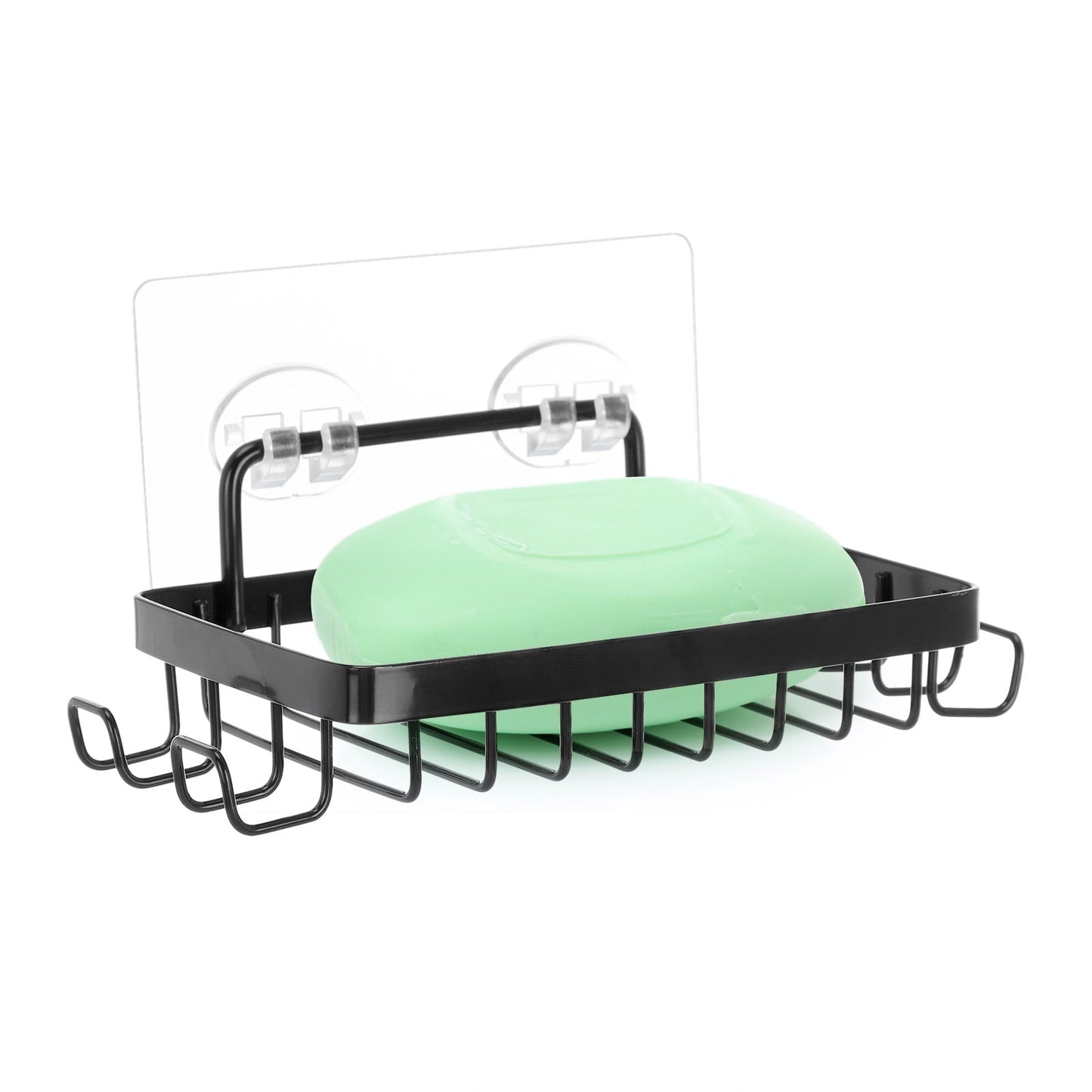Shower Soap Holder with 4 Hooks, Stainless Steel Adhesive Soap Dish, Wall Mounted Draining Soap Holder for Shower, Bathroom, & Kitchen, Bar Soap Holder & Razor Hanger, 6.69x3.35x0.98 6.69" x 3.35" x 0.98" Black
