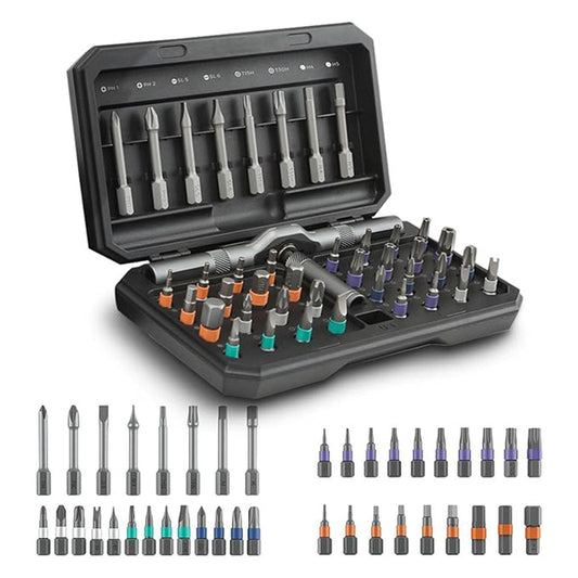 Screwdriver bit set in open case with ratchet handle and mixed color-tipped bits