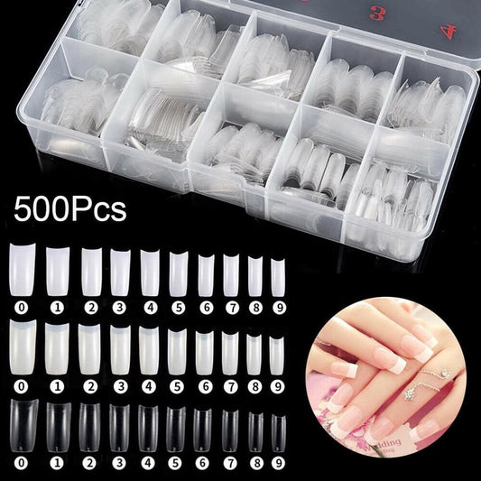 Clear acrylic French nail tips displayed in an open organizer case