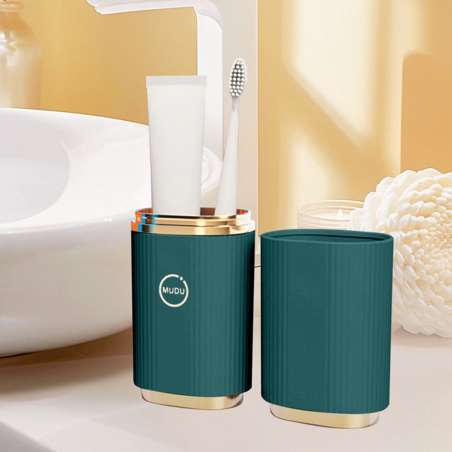 Travel Toothbrush and Mouthwash Cup Set, Portable Plastic Brushing Kit with Integrated Base, Non-Slip Handle, Space-Saving Design for Home, Camping, or Hotel, Couple-Friendly Green