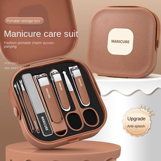 Beige-brown travel manicure kit case open with stainless tools, including nail scissors and files