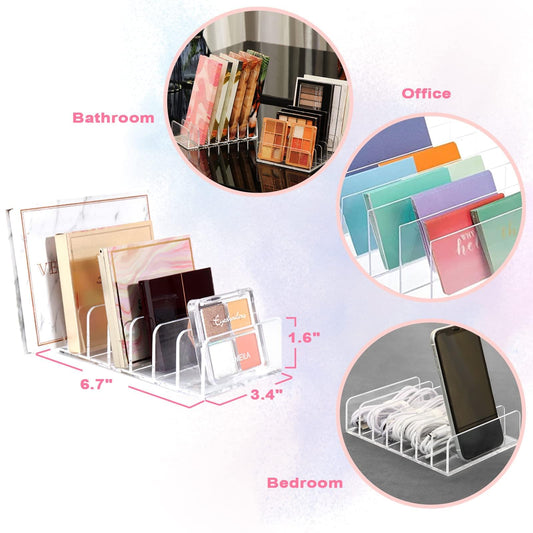 Clear acrylic makeup organizer tray with front dividers for small cosmetics