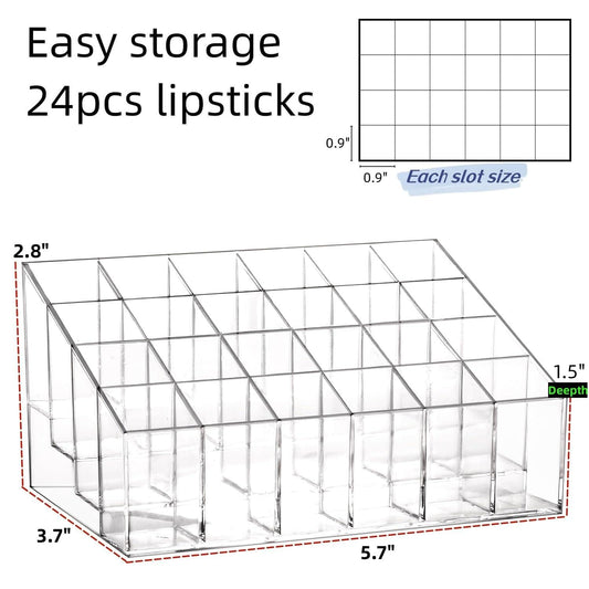 Transparent acrylic lipstick organizer with many small vertical slots in a tray