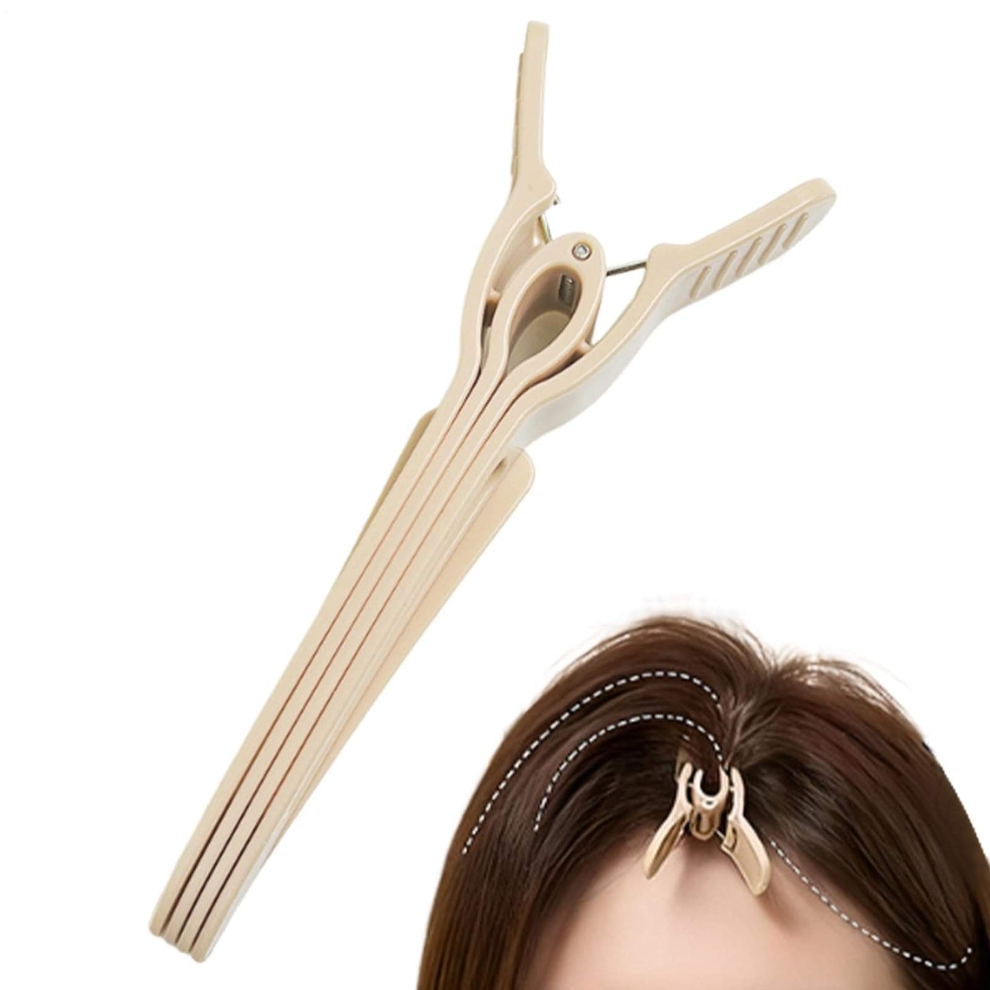 Beige hair root volume clip with ridged grip bar and curved latch prongs