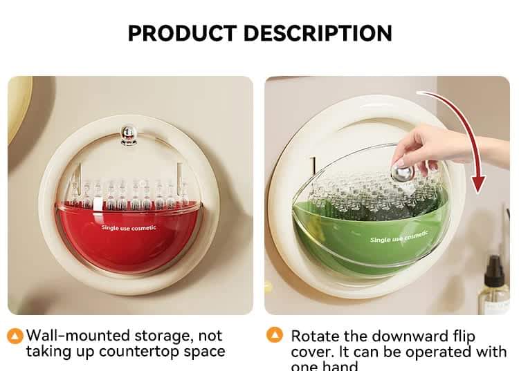Wall-mounted circular storage box with flip cover, showing red and green inserts