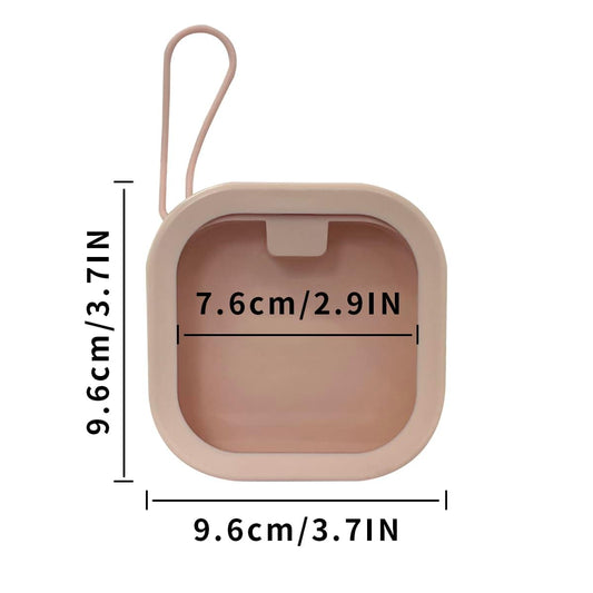 Beige storage case with hinged lid and carry handle, showing empty compartment with divider