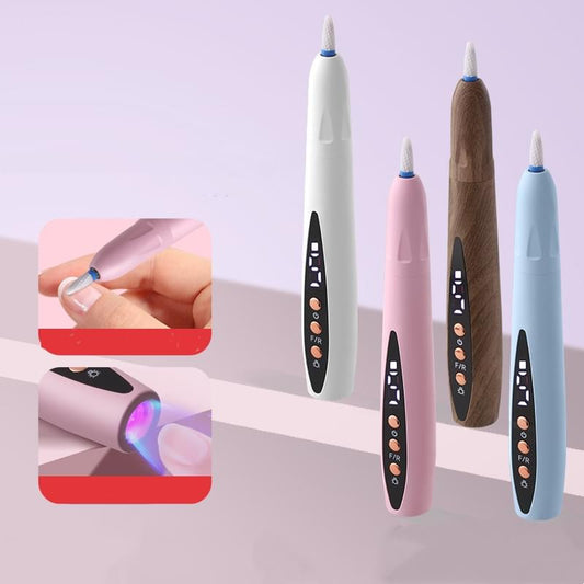 Cordless electric nail file set with four colored pens: white, pink, blue, brown