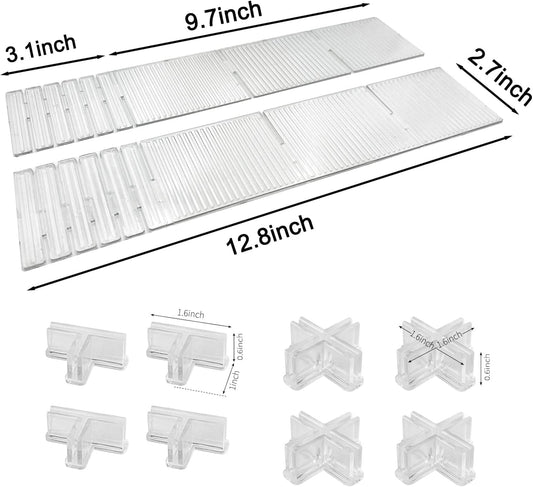 Transparent drawer divider panels and corner clips with measurements shown