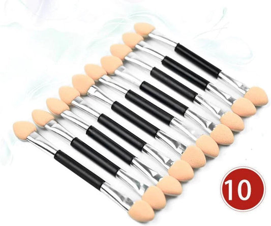 10-piece eyeshadow brush set with beige sponge tips on black-and-silver handles