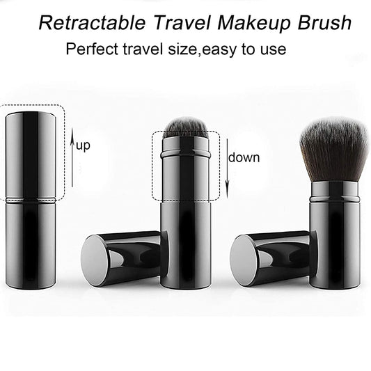 Retractable travel makeup brush showing extended bristles and closed travel case