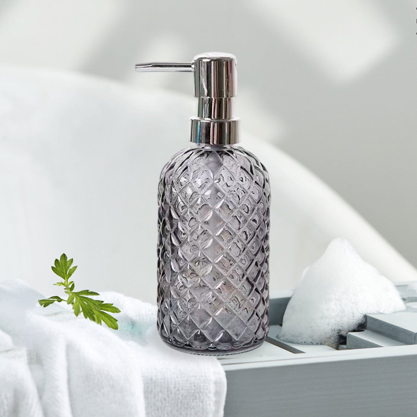 Darzheoy Glass Soap Dispenser 15 Oz for Bathroom Kitchen, Hand Soap/Lotion Dispenser with Plastic Pump Gray
