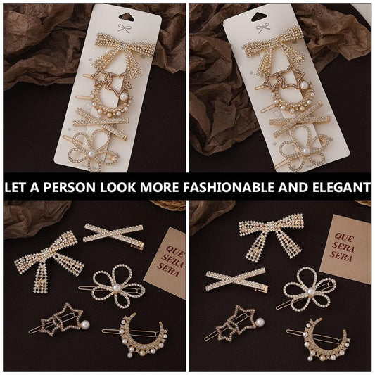 Rhinestone hair clips on card, gold-tone barrette bow and horseshoe designs