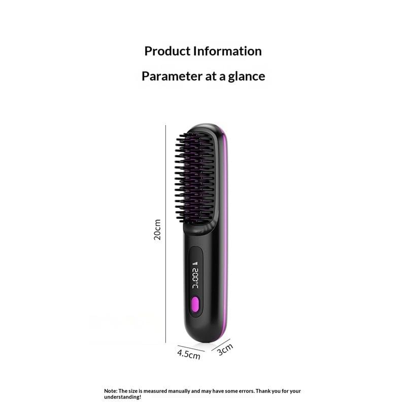 Cordless hair straightener comb brush with black handle and purple power button.