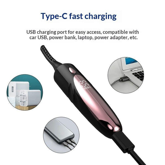 Black heated eyelash curler with Type-C charging port end and pink center panel