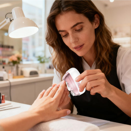 Electric nail clipper with lamp, pink-and-white handheld device being used on finger