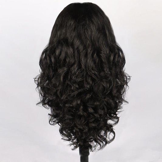Black synthetic curly lace frontal wig back view on mannequin
