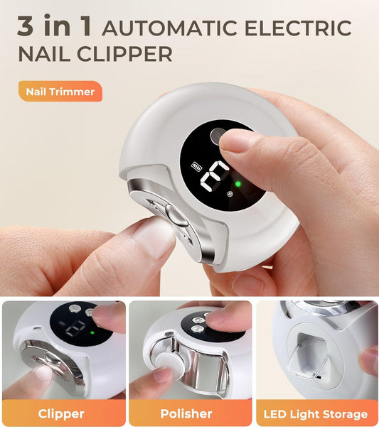 3-in-1 electric nail clipper with rotating head, held in hand, white