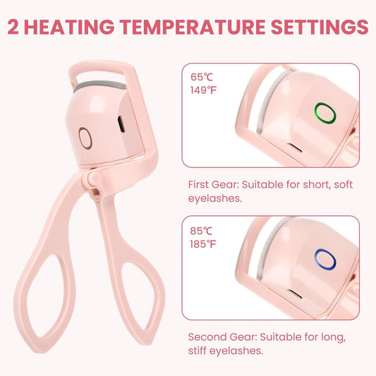 Pink heated eyelash curler with control dial and rounded clamp head