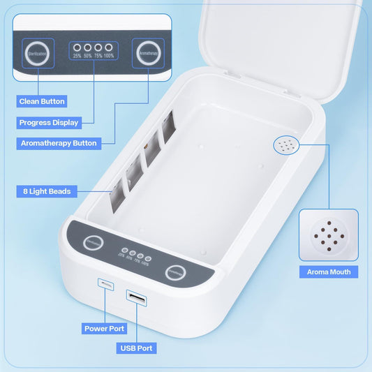 Opened white nail tool sterilizer with indicator panel and USB ports