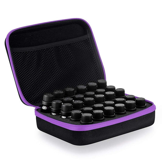 Hard-shell essential oil case with purple trim, open and filled with small dark bottles.