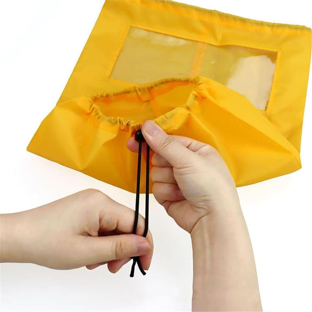 Yellow dog shower cap ear cover with adjustable black cords and elastic edge