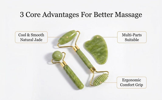 Green jade face roller with gua sha tool and gold-tone connectors, shown as set
