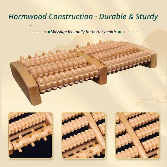 5-row wooden foot roller massager with cradle frame and multiple roller rows