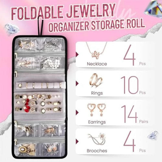 Foldable jewelry organizer roll with clear windows, ring and earring slots, and necklace section