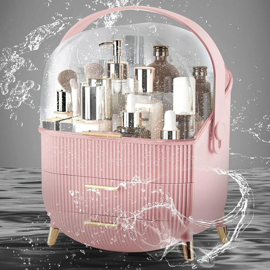 Pink ribbed makeup organizer with clear flip-top lid, water droplets visible over the cover.
