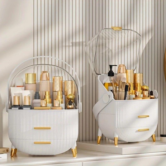 White round vanity organizer with clear flip cover, drawer fronts, and gold legs