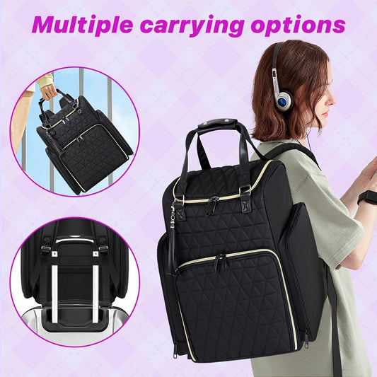 Black quilted nail tool storage backpack worn with adjustable straps and front panel.