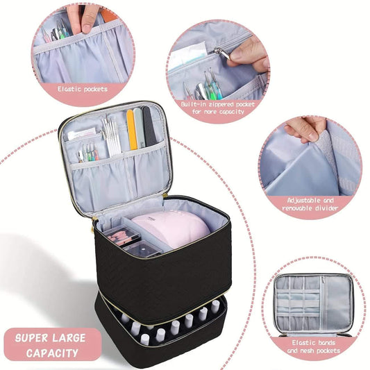 Black double-layer nail polish organizer with open lid and elastic pockets for bottles