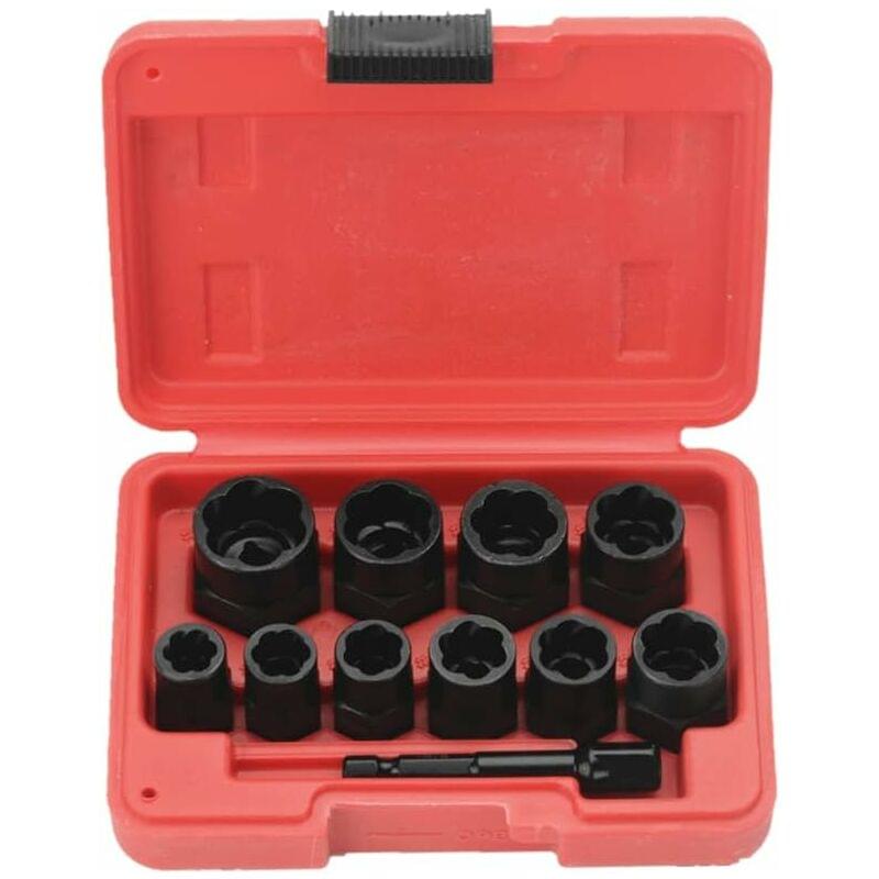 11-piece bolt impact socket set in open red case, black sockets in compartments