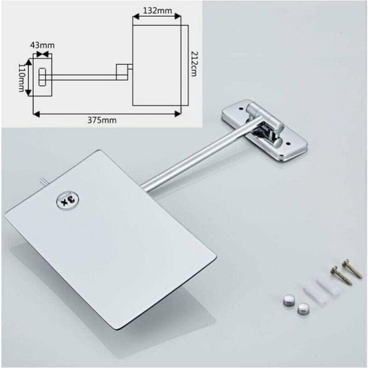 Foldable 3X magnifying wall mirror kit with mounting arm, bracket, and screws
