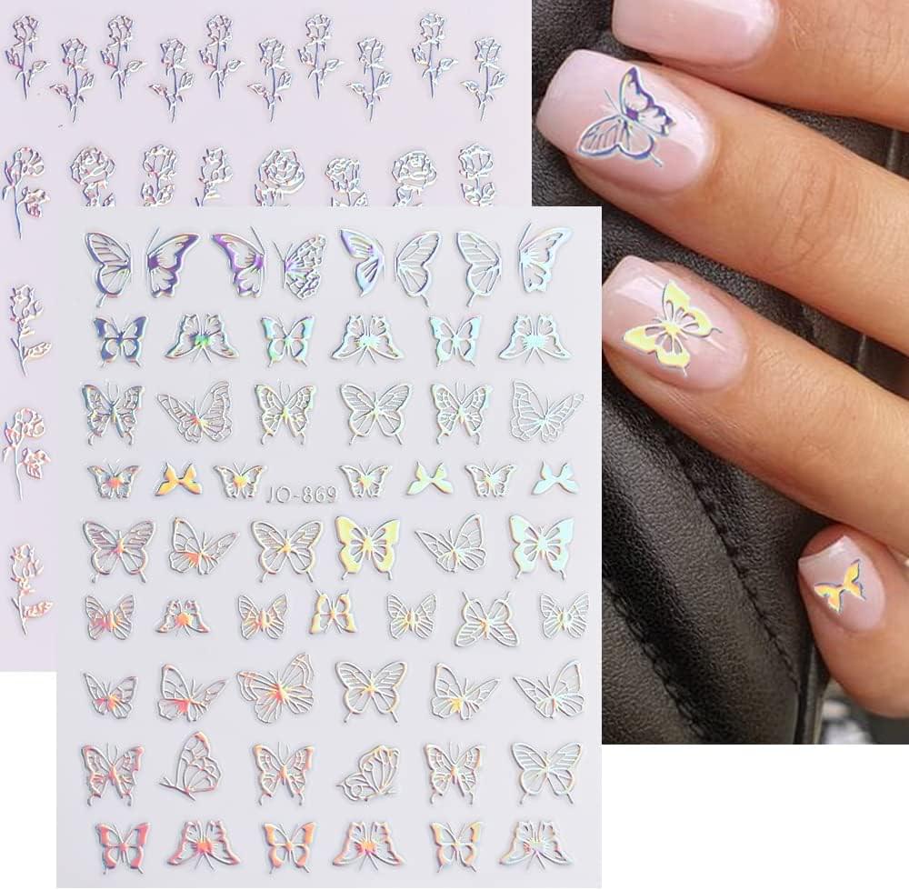 Holographic nail sticker sheet with butterfly decals in rainbow outline