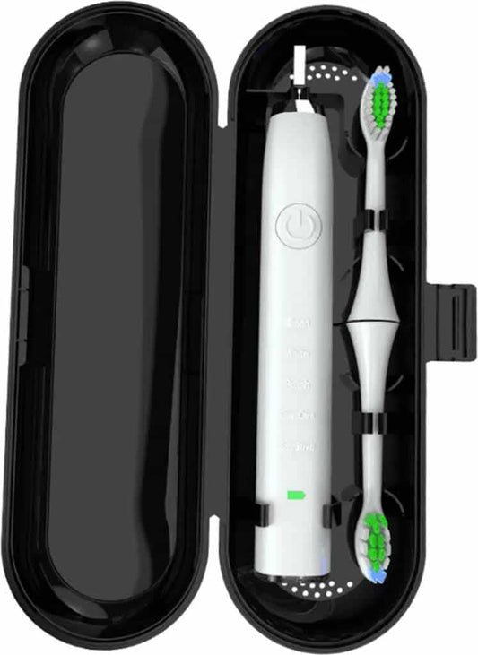 Travel toothbrush cases open with two electric toothbrushes in slots, black and white
