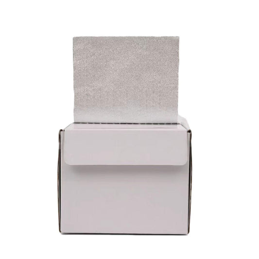 Silver hair foil roll in a box with open top flap