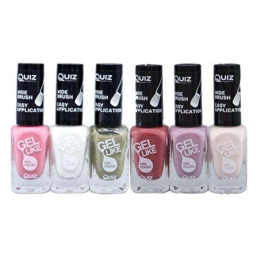 Assorted nail polish bottles in gel-like formulas with wide brush applicators